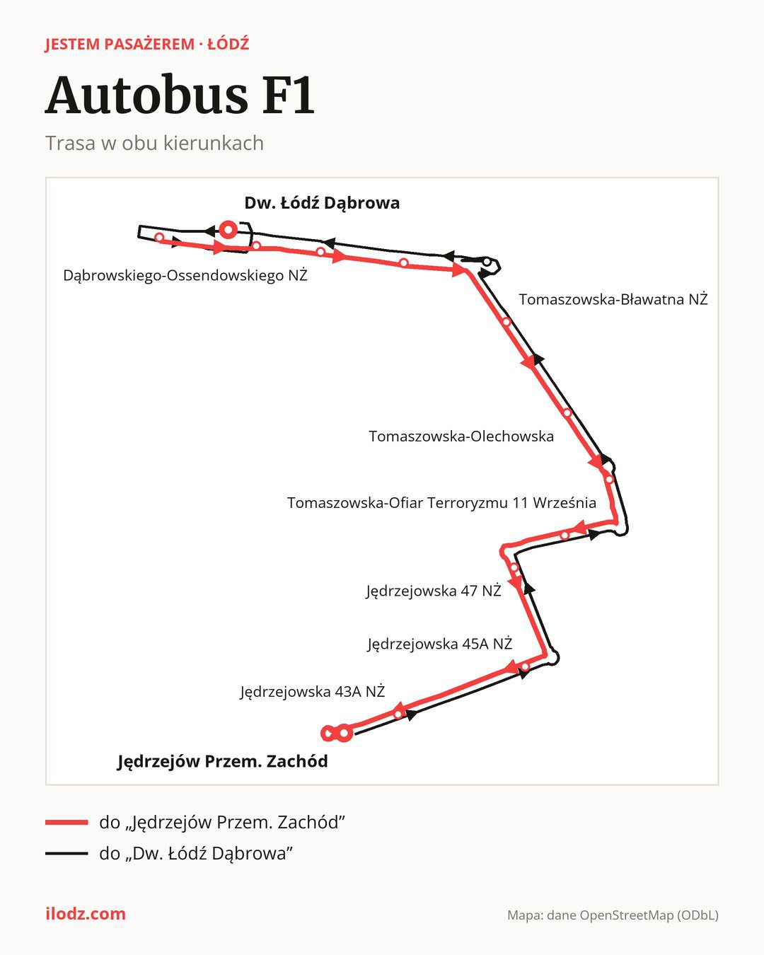 Autobus F1 w Łodzi na mapie: trasa w obu kierunkach