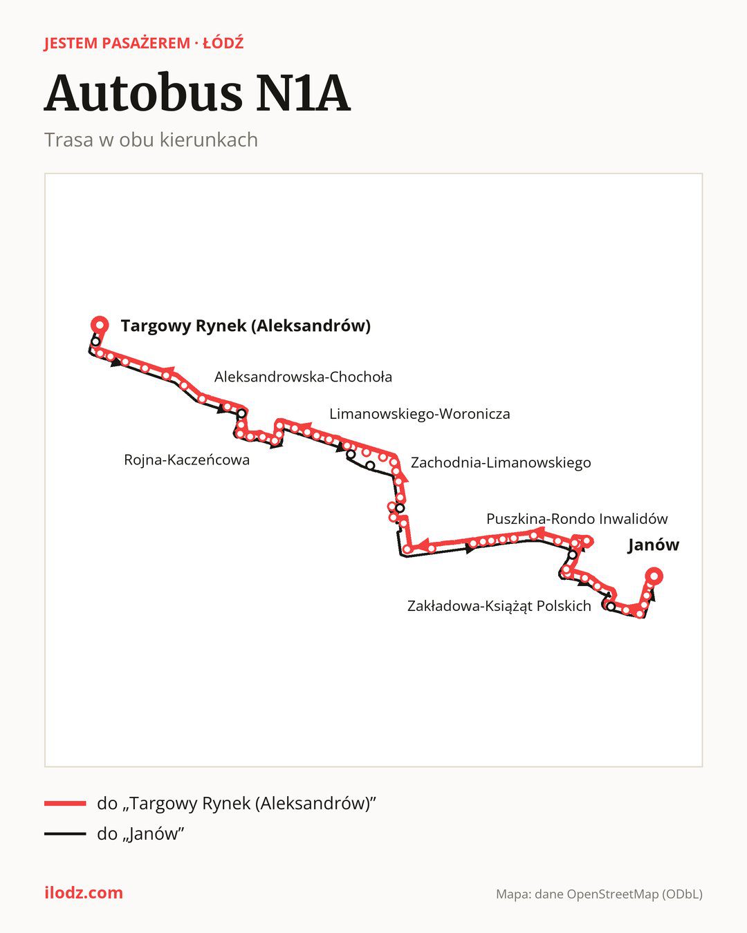 Autobus nocny N1A w Łodzi na mapie: trasa w obu kierunkach