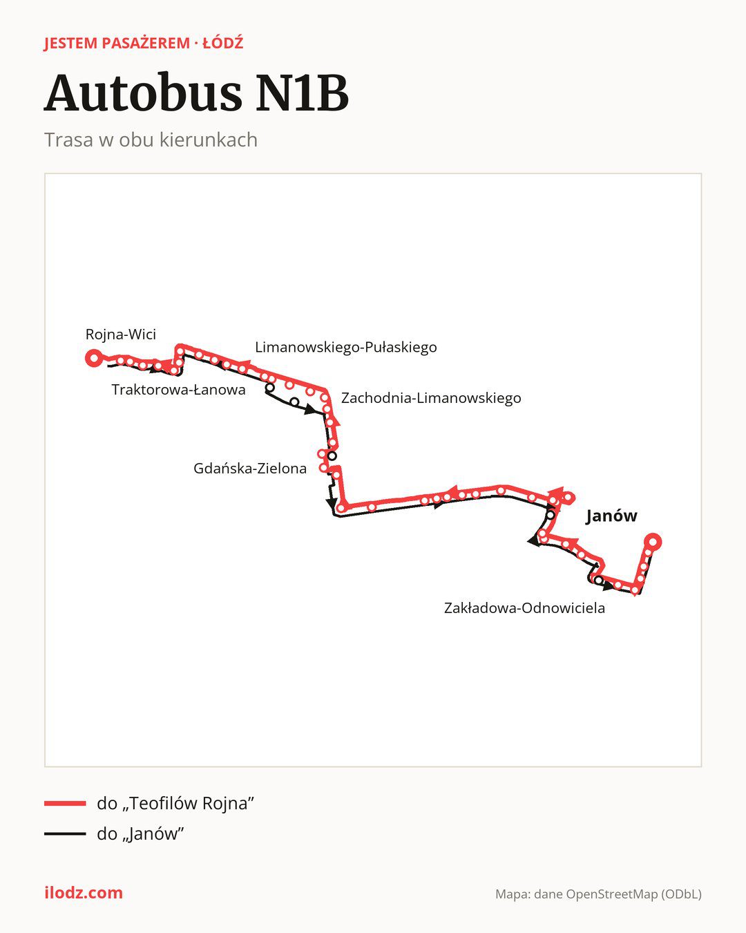 Autobus nocny N1B w Łodzi na mapie: trasa w obu kierunkach