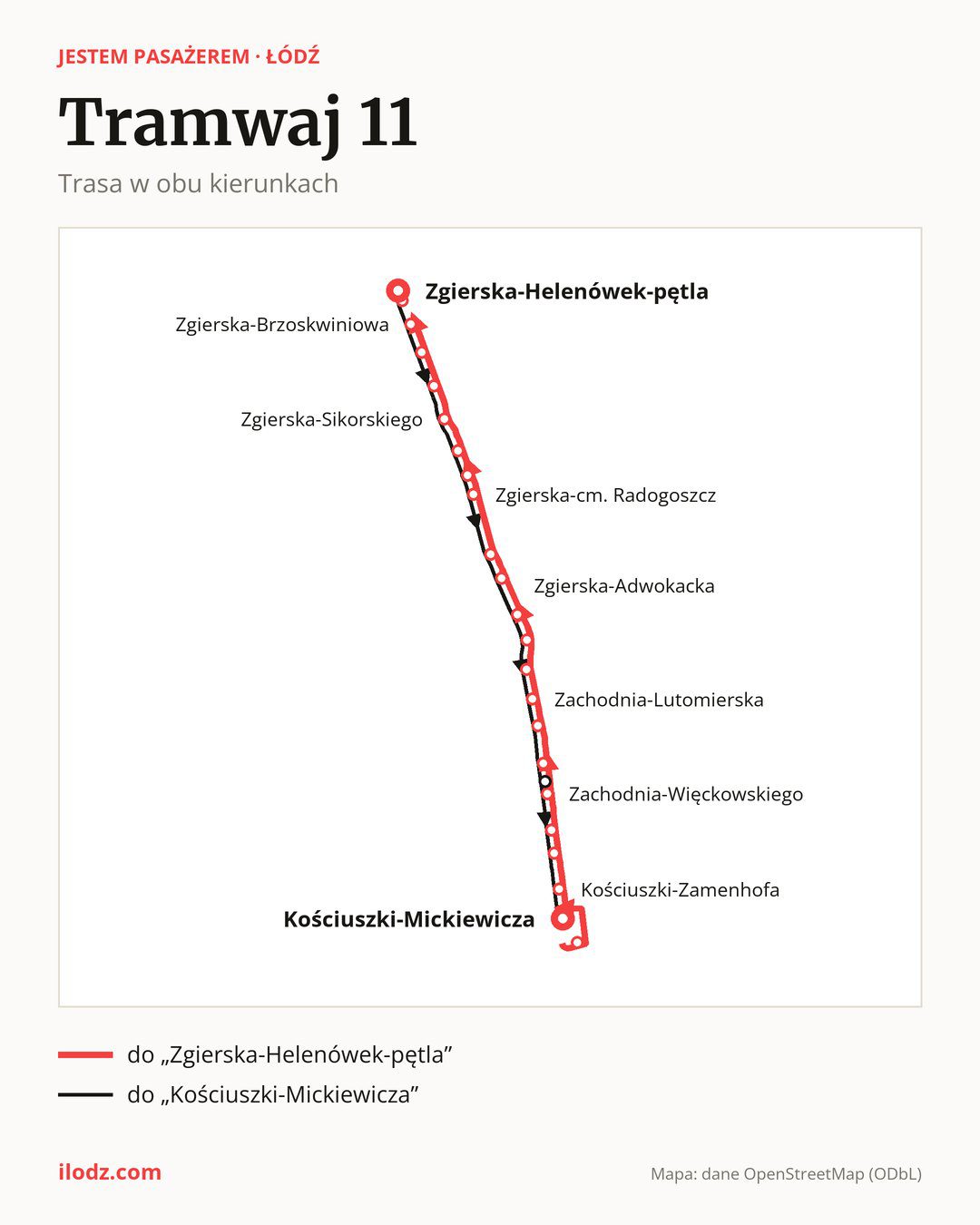 Tramwaj 11 w Łodzi na mapie: trasa w obu kierunkach