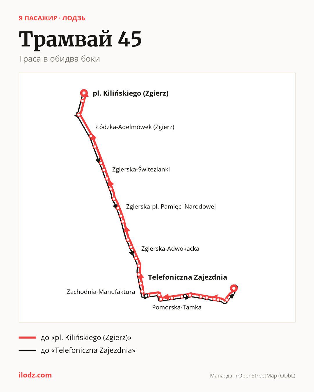 Трамвай 45 у Лодзі на мапі: траса в обидва боки